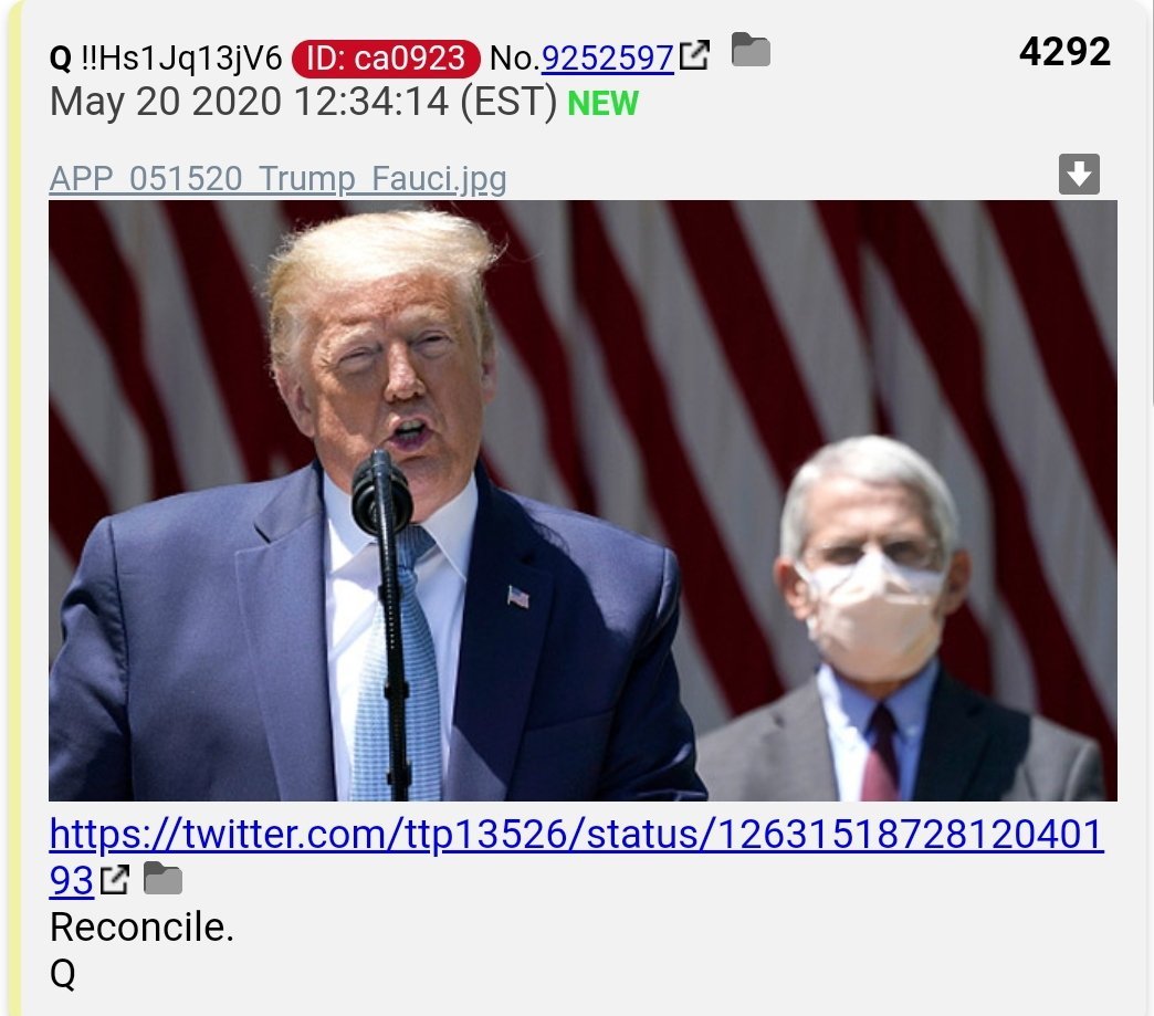 15.  #QAnon Reconciled: Dr Fauci was wearing the mask coming out of self quarantine that day to support the President, potentially protecting others, after the Doctor had himself been exposed to the COVID+ staffer in VPs office.  #Q  https://twitter.com/ttp13526/status/1263151872812040193
