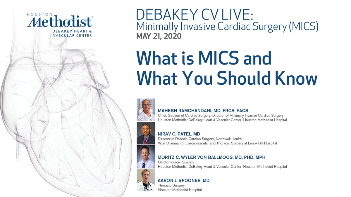 DeBakeyCVedu's tweet photo. Learn the basics of minimally invasive cardiac surgery with tomorrow's #CVlive #MICS broadcast. Join Drs. Mahesh Ramchandani, Moritz Wyler Von Ballmoos, Nirav Patel, and Aaron Spooner live at 5pm CST! @mramchandani @DrMoritzWvB https://t.co/5NuHyWoJGy https://t.co/zKvyDgtUja