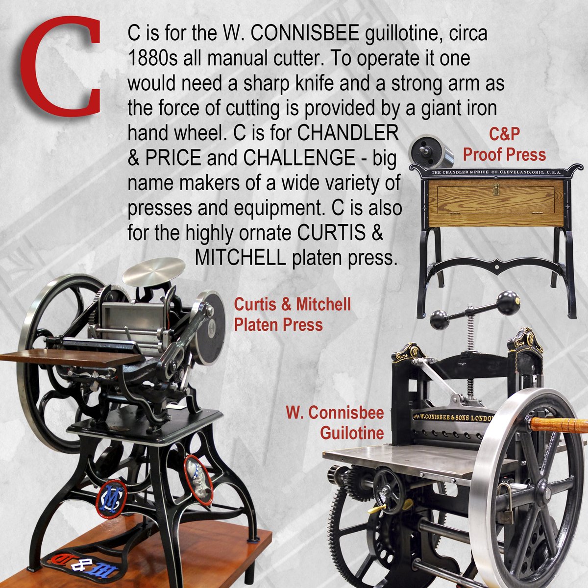 HowardIronWorks's tweet photo. C is for CONNISBEE Guillotine, CHANDLER & PRICE, for CHALLENGE, and for the ornate CURTISS & MITCHELL platen press, and the 1888 COLT'S Armory platen press. #CandP #PrintingHistory #PrintingMuseum #ABCs #MuseumABCs #MuseumMonth #ColtsArmory #ColtsThunderer https://t.co/odREH394gX