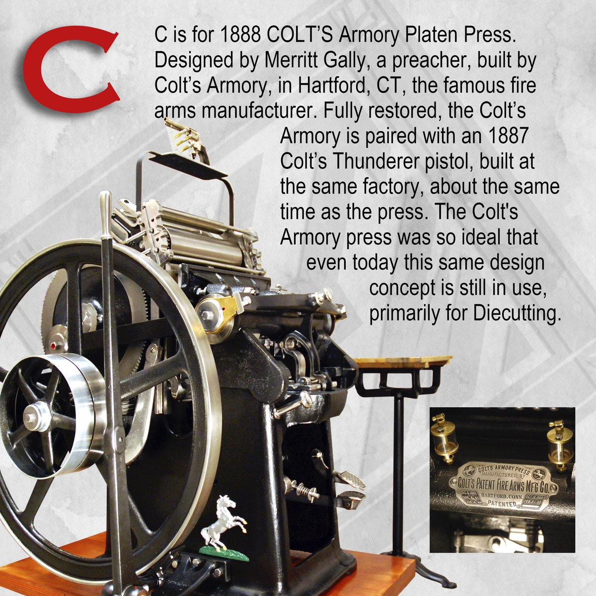 HowardIronWorks's tweet photo. C is for CONNISBEE Guillotine, CHANDLER & PRICE, for CHALLENGE, and for the ornate CURTISS & MITCHELL platen press, and the 1888 COLT'S Armory platen press. #CandP #PrintingHistory #PrintingMuseum #ABCs #MuseumABCs #MuseumMonth #ColtsArmory #ColtsThunderer https://t.co/odREH394gX