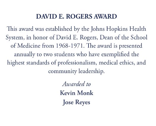 kjmonk's tweet photo. Very honored and grateful to have received the David Rogers award from @HopkinsMedicine for my work with @projbridge! Thank you to all the wonderful collaborators and congratulations to my fellow #JHUSOM2020 graduates!! https://t.co/m9SCKh9Ipv
