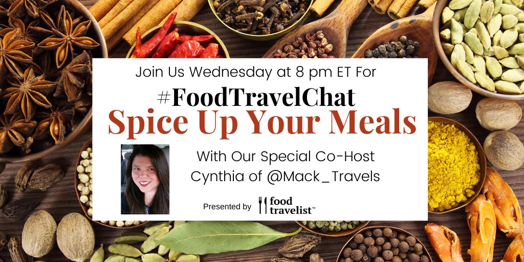 FoodTravelChat's tweet photo. Join us tonight at 8 pm ET for #FoodTravelChat.
We're talking Spice Up Your Meals with Cynthia from @mack_travels. Don't miss it @SGSwritereditor @DoctorWife_Life @cruisewithamber @TravelBugsWorld @Amber_1017 @ModTrav @snapshotsofw @2travelingtxns @foodwinechickie @SouthernerSays https://t.co/4aZtz5JeSZ