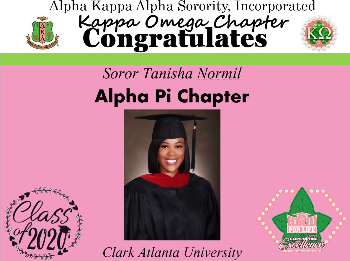 AKA_KappaOmega's tweet image. @AKA_KappaOmega would like to extend a heartfelt CONGRATULATIONS to the Class of 2020 Graduates of  @CAU #SweetAlphaPi  #AKA1908 #SAR #HBCUGrad