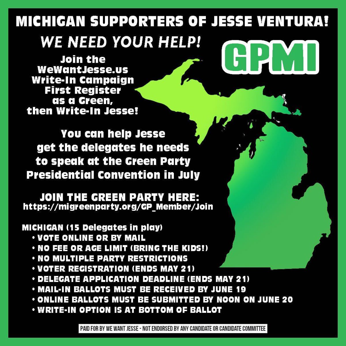 people4jesse's tweet photo. The people Michigan deserve far better than they have gotten all these years from DemoCRIPS & ReBLOODlican alike. It's time to stand up & demand a President who understands & represents the people.
It's time for Jesse Ventura.
TODAY IS THE LAST DAY TO REGISTER GPMI
#DraftJesse https://t.co/UVAd7WqHNL