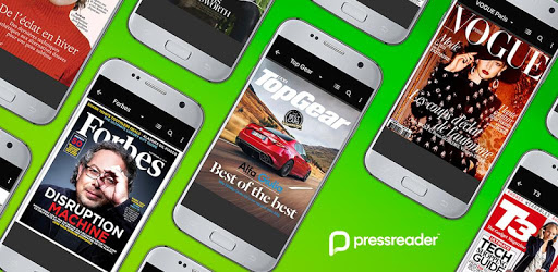 a graphic displaying multiple smartphones showing the PressReader app