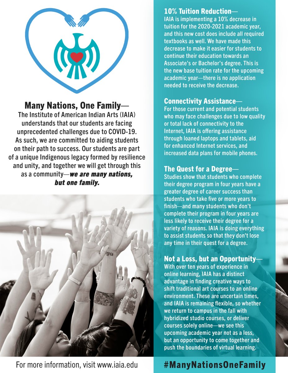IAIASantaFe's tweet photo. IAIA announced today a 10% decrease in tuition for the 2020–2021 academic year. In light of the COVID-19 pandemic, IAIA has made this decrease to help students. We are #ManyNationsOneFamily—and we are committed to helping our students continue their journey toward a degree. https://t.co/OZLKNROLty
