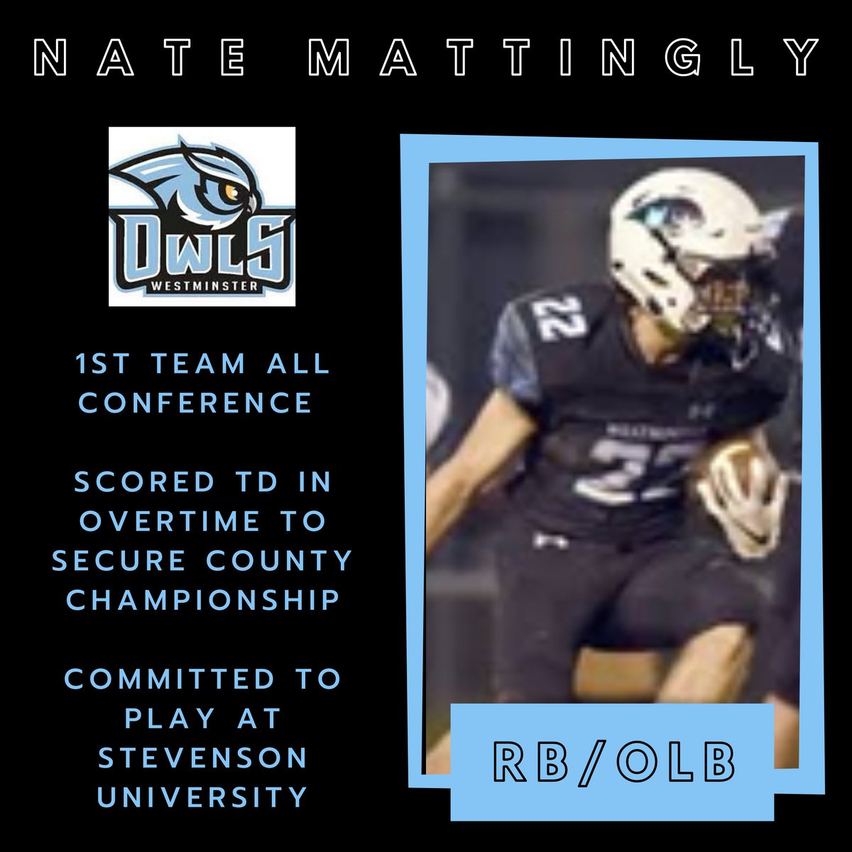 Today's senior of the day is <a href="/NathanMatingly/">Nate Mattingly</a>. Nate was a monster for us this year running the ball.  He scored the biggest touchdown in the county last year.  Can't wait to see him on the gridiron next fall playing for <a href="/SUMustangFB/">Stevenson Football</a> !!!