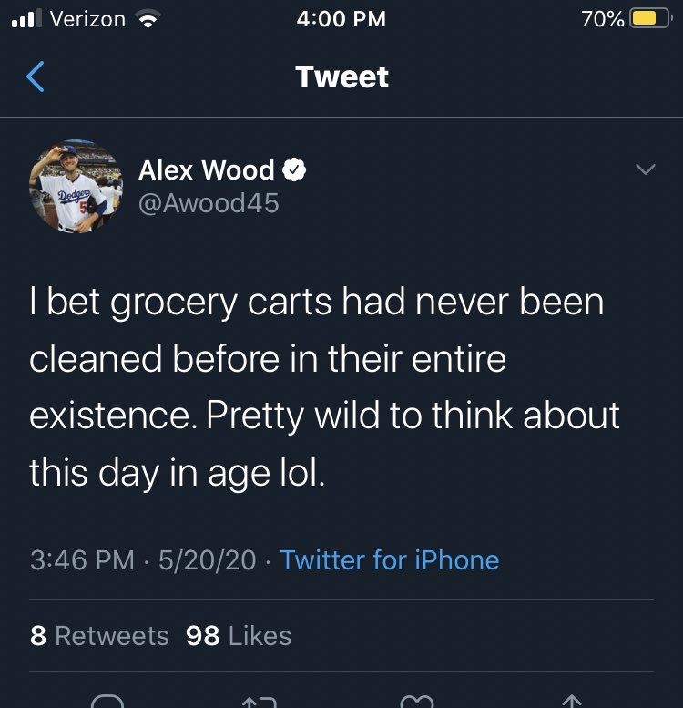 “The carts are gunna be so confused like what if someone came up and just started wiping you down, telling you you’re dirty? I mean, Dugie showed me a video that started like that, but I don’t think grocery carts can do what the people did.”~Deep Thoughts with Cody Bellinger~