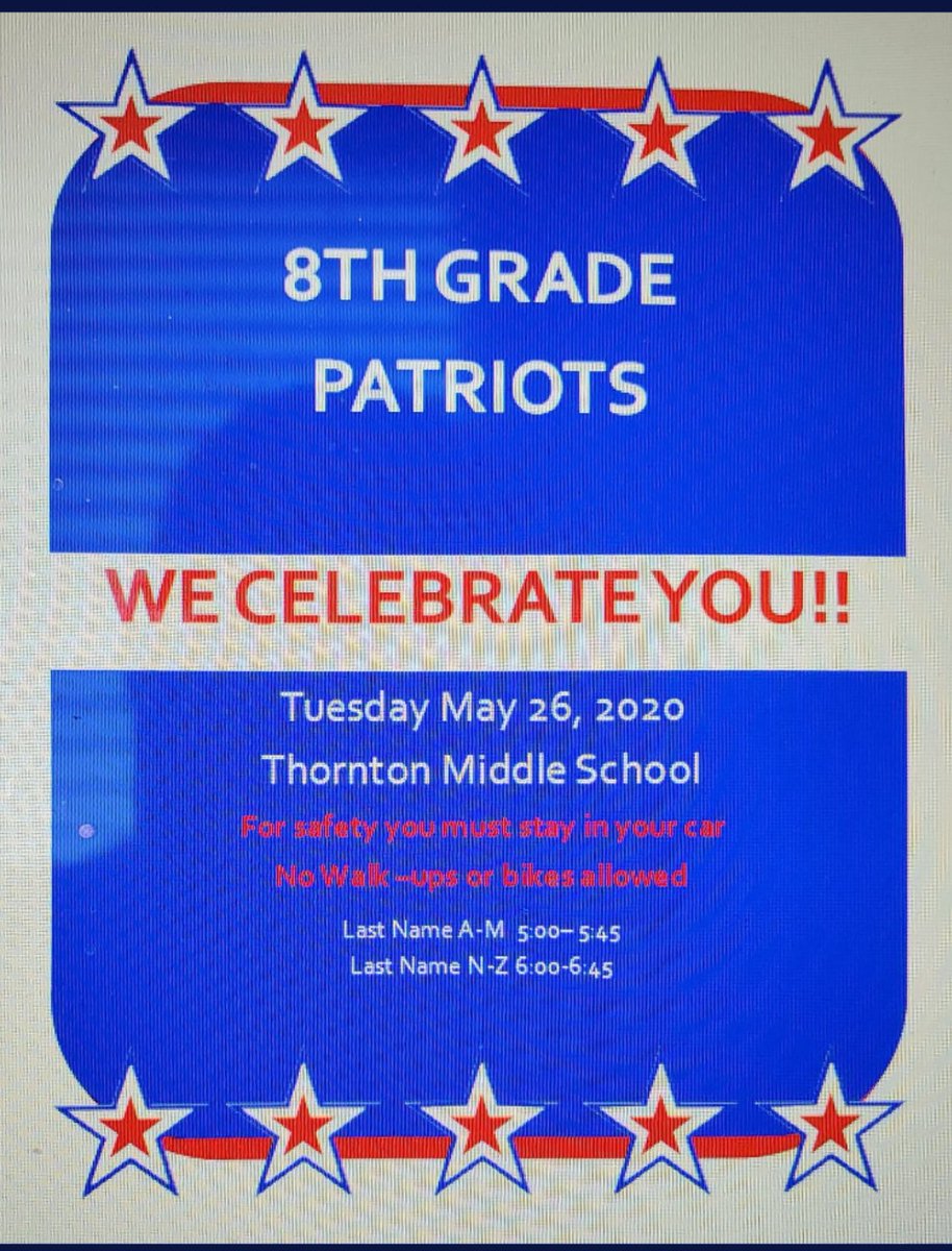 BecherMary's tweet photo. We invite all our @ThorntonCFISD 8th graders to join us in a drive through celebration next Tuesday evening! We miss you, make plans to come. https://t.co/y3rwDgFFCp