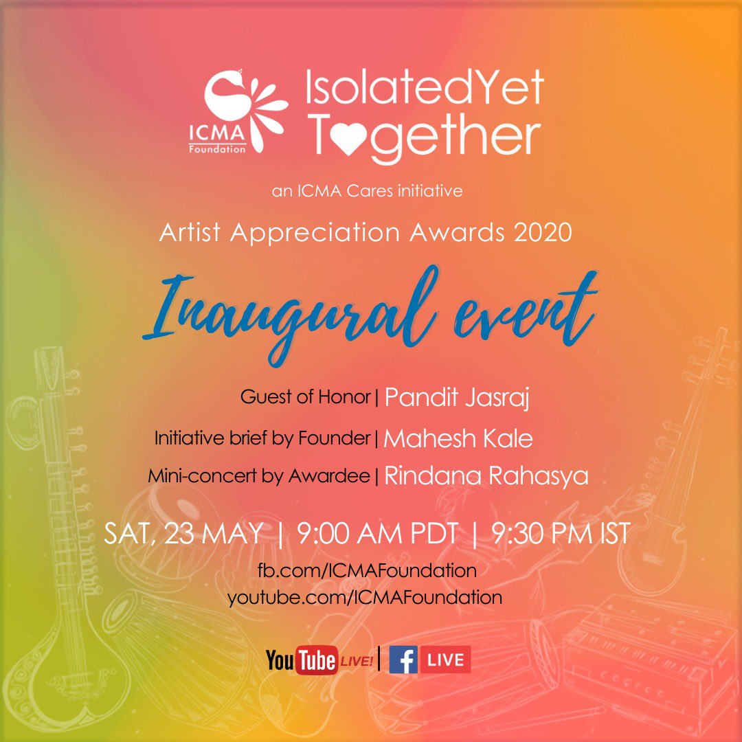 maheshmkale's tweet photo. Feeling very proud announcing @ICMAFoundation's initiative in response to Coronavirus: The #ArtistAppreciationAwards2020 and #IsolatedYetTogether mini-concert series.  LIVE on FB and YouTube this Sat 23rd May #ICMACares 

Subscribe: https://t.co/QTV61h7kYF

Retweet and support 🙏 https://t.co/vSkdg6JzWA
