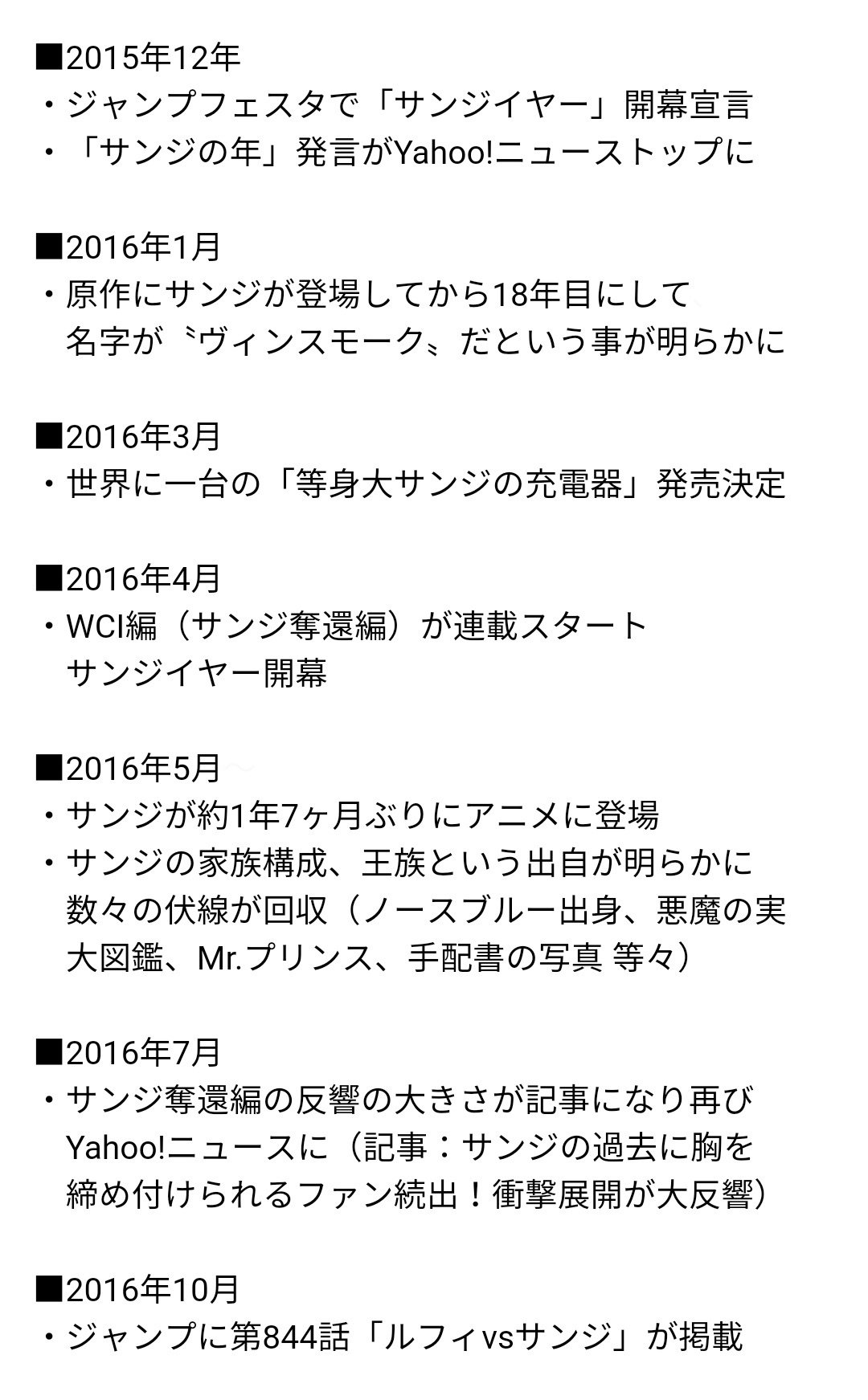 まな Su Twitter 15年年末のジャンプフェスタで尾田先生より発表され 19年春に終幕した サンジイヤー この約3年間に及ぶ出来事を一覧にまとめてみました Onepiece