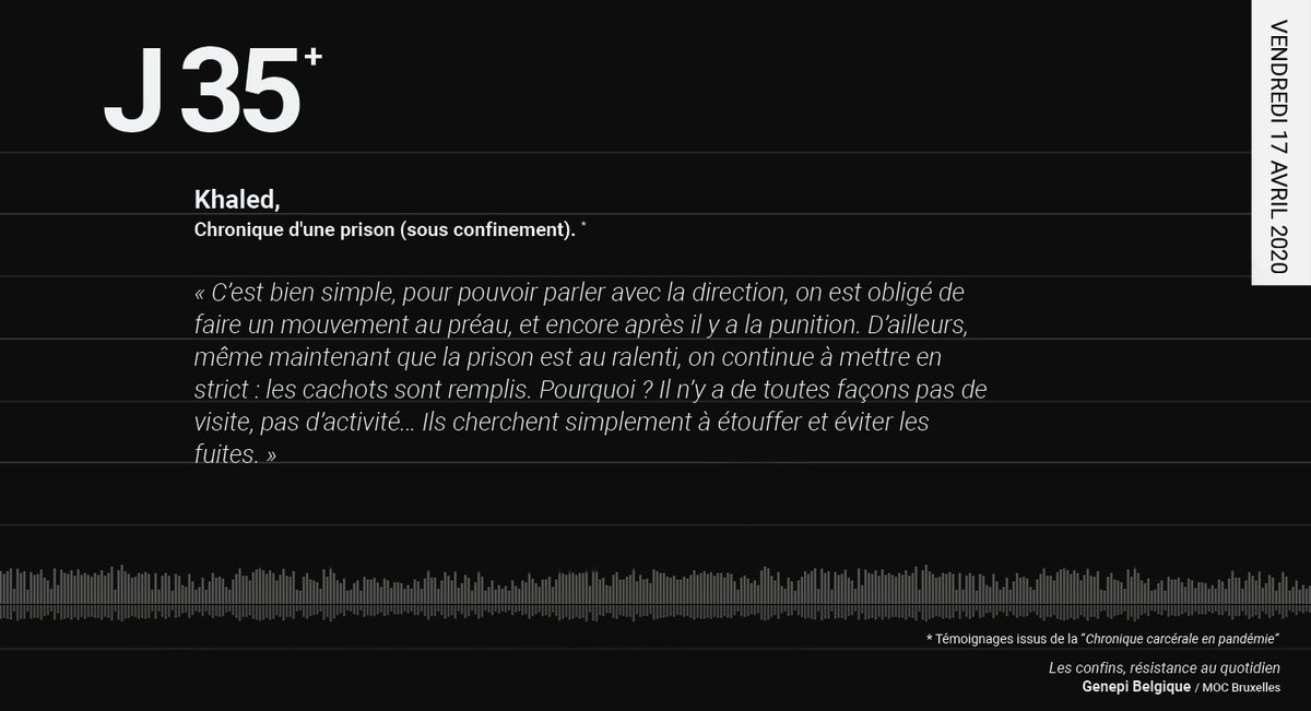 LConfins's tweet photo. J35 – « Pour pouvoir parler avec la direction, on est obligé de faire un mouvement au préau, » Khaled
@GenepiBelgique sur la situation des #prisons sous #confinement 

#incarcération #inégalité #précarité #Covid_19 #moc_bx #coronavirus #enfermement #récitspolitiques #récits https://t.co/E82vLQSgYR