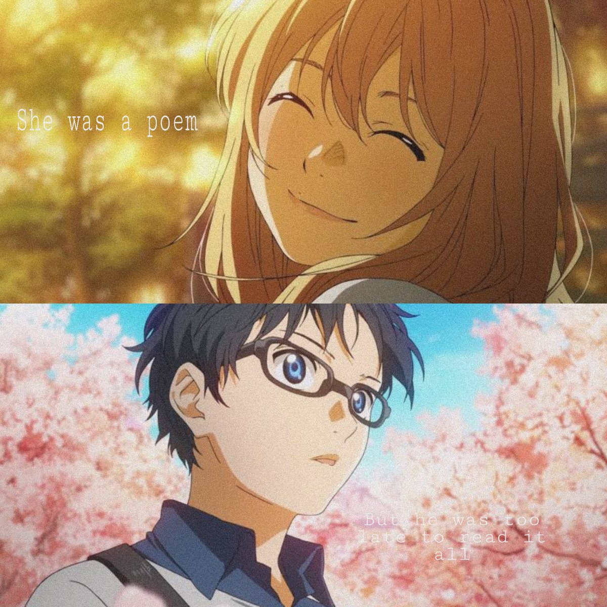 Arianne93042117's tweet photo. "She was a poem,
But he was too late to read it all"
Kaori and Kousei
-Your lie in April
Tags:
#anime #poem #yourlieinapril #edit https://t.co/2pIe0P8Fg7