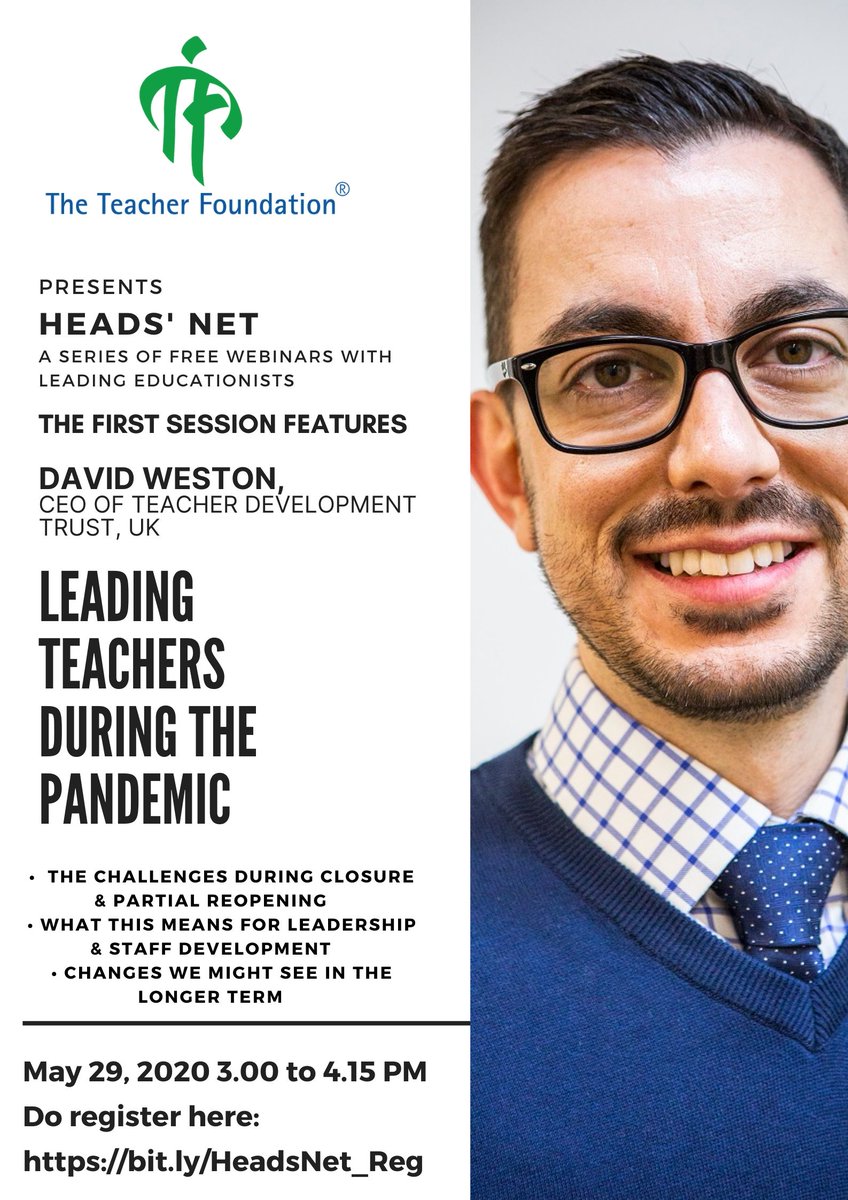 ttfUpdates's tweet photo. #TTFWebinar #webinarseries #postcovid19
Save the date for TTF's first webinar featuring David Weston, CEO of Teacher Development Trust, UK! 
May 29th, 2020
#registernow!  https://t.co/p9l8CQFkVL https://t.co/nSAVSwt5yd