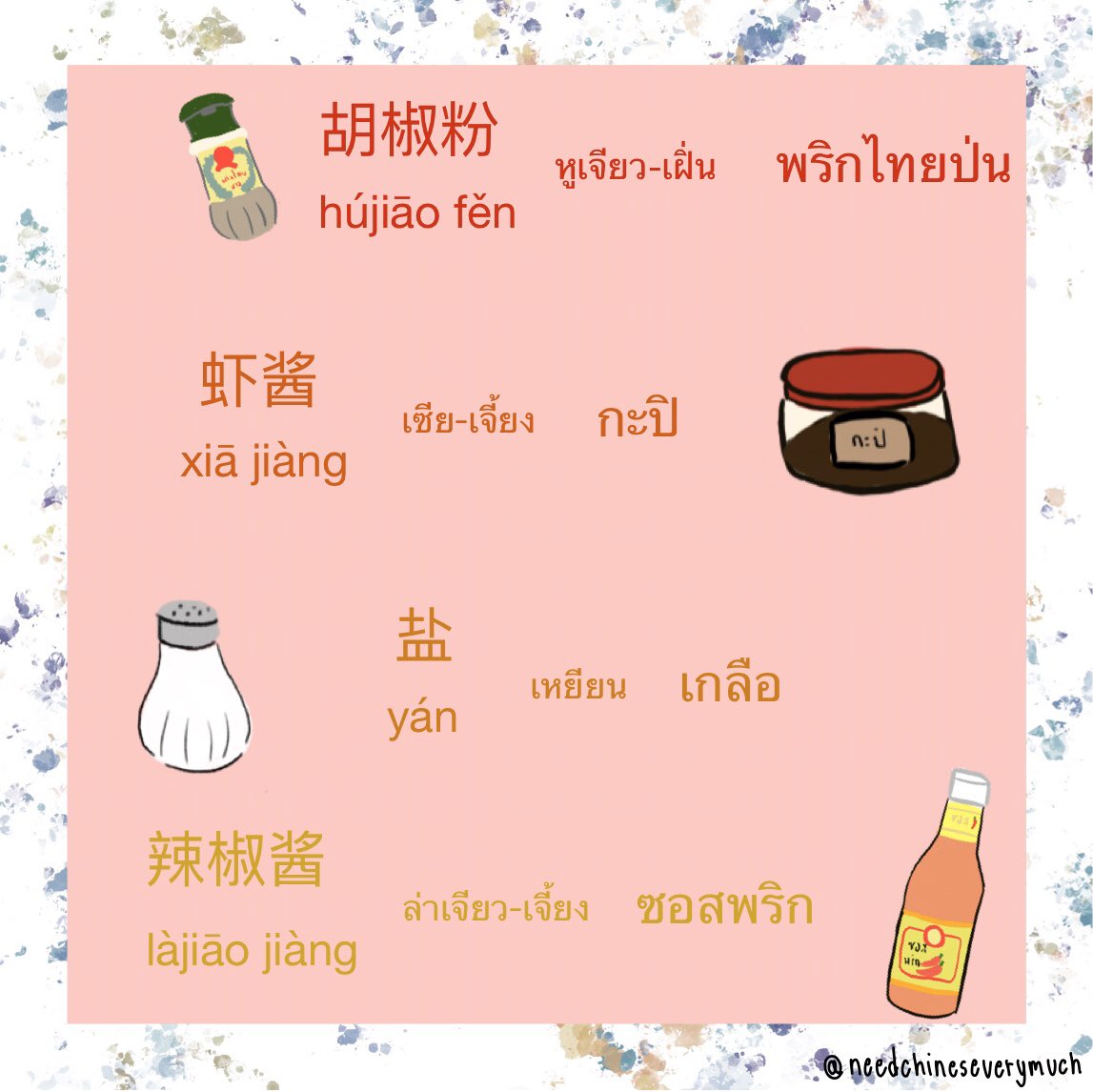 needchinesever1's tweet photo. ยังไม่หมดกับหมวดเครื่องปรุง เวลาไปซุปเปอร์มาร์เก็ตจะได้อ่านคำพื้นฐานออกแล้วรู้ว่าเครื่องปรุงแต่ละชนิดคืออะไรน้าา🍶🍴🧂

#ภาษาจีน #ภาษาจีนวันละคำ #ภาษาจีนออนไลน์ #สอนภาษาจีน #ภาษาจีนง่ายๆ #ภาษาจีนง่ายนิดเดียว #เรียนภาษาจีน #เรียนภาษาจีนง่ายๆ #ภาษาจีนพื้นฐาน #จีนพื้นฐาน https://t.co/RxTxahpexd
