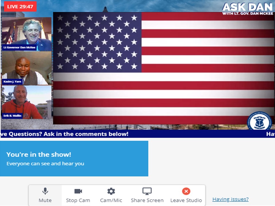 RIVetsDirector's tweet photo. Ask Dan! TY @LGDanMcKee & Team for having us on your “live chat” tonight. Both @OSDRI_Vets and @RIServes are honored to share our thoughts about Memorial Day and ways to #NeverForget #BOTG #WeContinueToStandTogether https://t.co/B7SHe9o1Pz