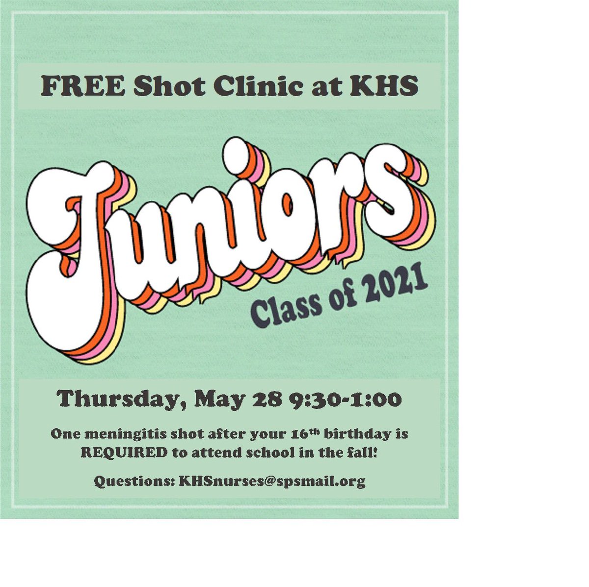 DrPowersKHS's tweet photo. FREE shot clinic for @KickapooChiefs Juniors is being held Thursday, May 28th. A phone message was sent to 391 families this evening and all juniors received a Canvas message.
Questions? Email our nurses at KHSnurses@spsmail.org
#GoChiefs https://t.co/nxFjw4aU4w