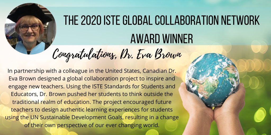ISTEglobalPLN's tweet photo. Congratulations, Dr. Eva Brown @ebrownorama 2020 ISTE Global Collaboration Network Award Winner. We can not wait to celebrate you at #ISTE2020 

Read more about Dr. Brown in our May Newsletter. https://t.co/J61EGPDaEo

#ISTE #isteglobalPLN #GlobalEd https://t.co/MnQP7Kk0OP