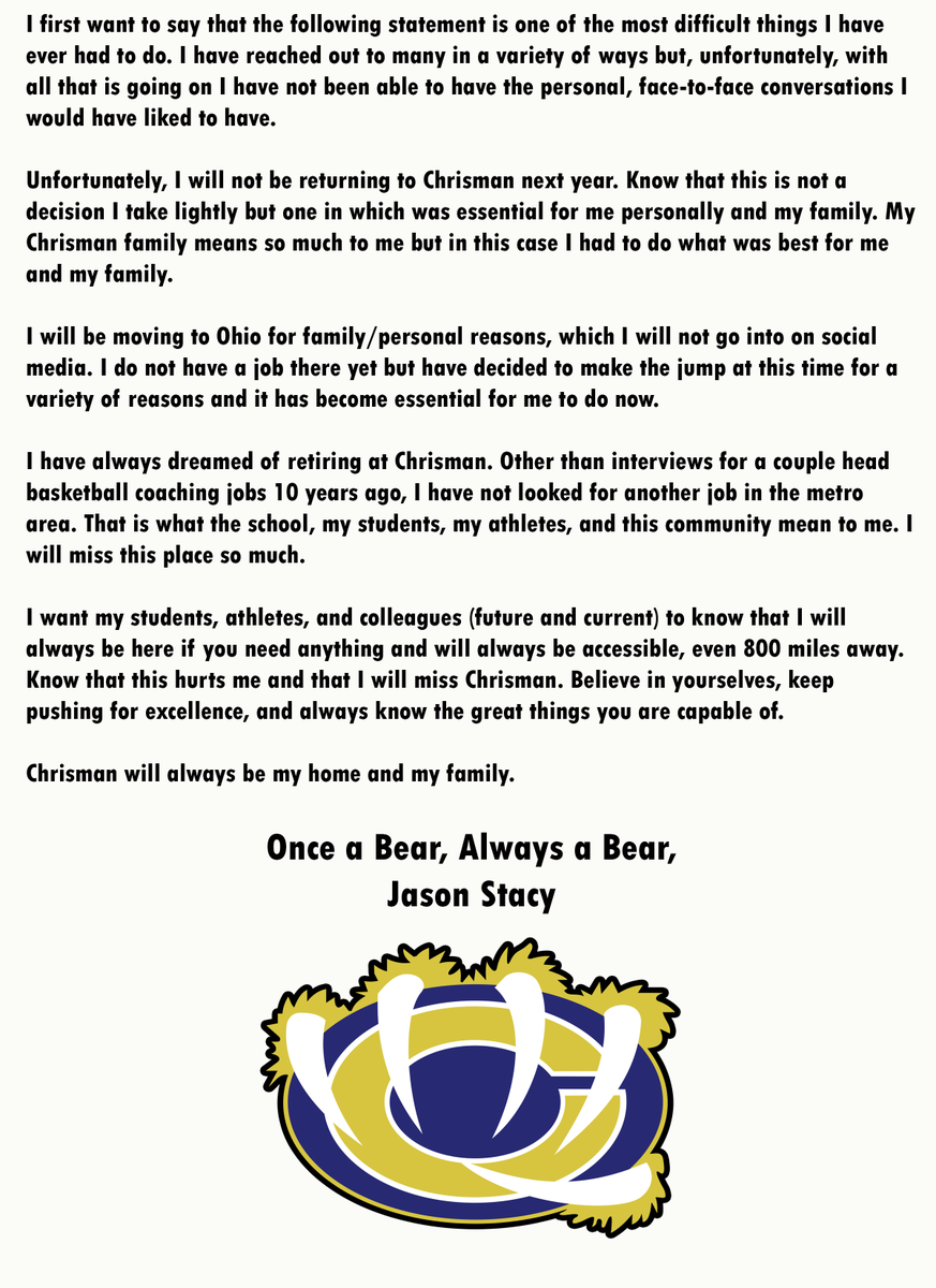 ChrismanYB's tweet photo. The last 17 years of my life at Chrisman have been so special. This was a home and a second family. I will never forget the students and staff. With that being said, I am devastated to announce that I will be leaving the at the end of the school year and moving out of state. https://t.co/cvbnbYfeaj