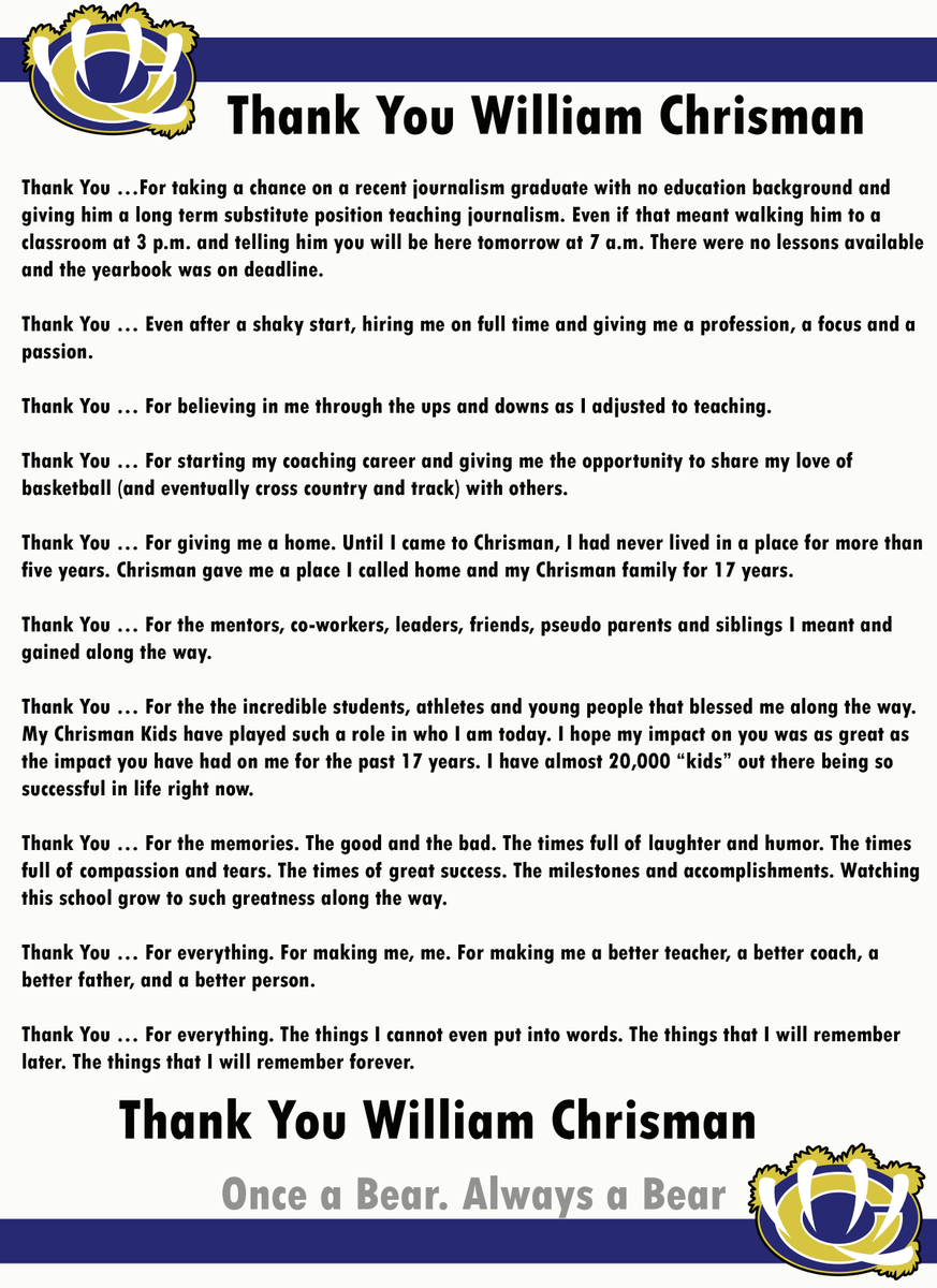 The last 17 years of my life at Chrisman have been so special. This was a home and a second family. I will never forget the students and staff. With that being said, I am devastated to announce that I will be leaving the at the end of the school year and moving out of state.