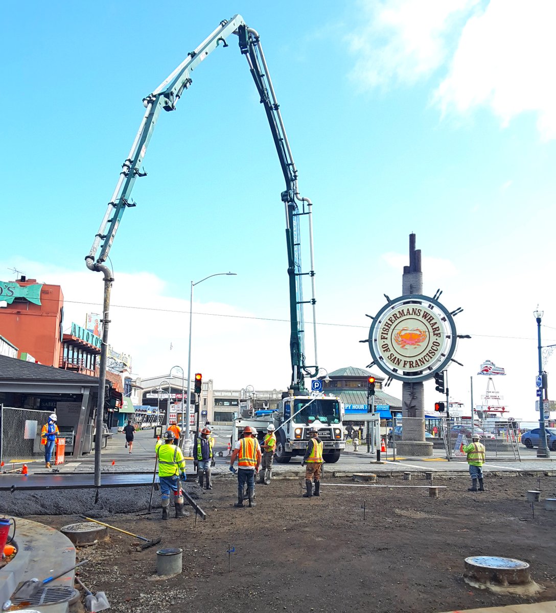 sfpublicworks's tweet photo. The new intersection of Jefferson and Taylor was poured today as part of the Jefferson Streetscape Project. Crews across #SanFrancisco are moving forward with essential construction projects. Learn more about this project and others at https://t.co/brf8qNNhfW #EssentialWorkers https://t.co/sDhVhe8evp