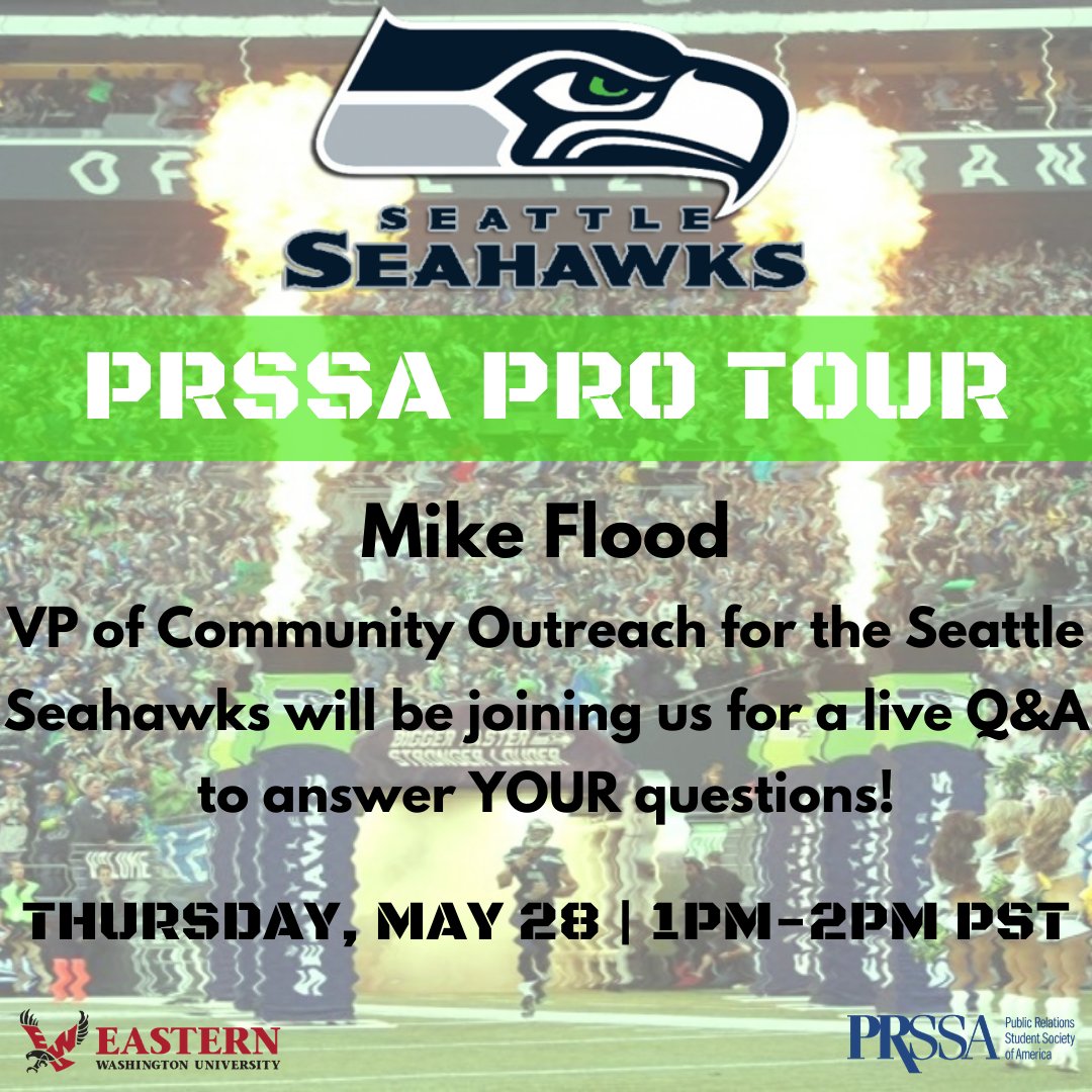 EWUPRSSA's tweet photo. We are thrilled to have Mike Flood, VP of Community Outreach for the Seattle Seahawks join us Thursday, May 28 from 1pm-2pm! We know this is a special opportunity and we want the Eastern community to participate. Check out our Facebook and Instagram for more info! https://t.co/sICN8zkKHE