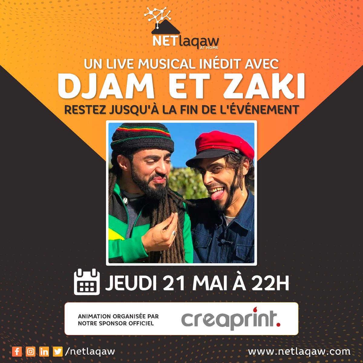 📣Pour donner une touche d'art à notre événement, notre partenaire 🤝 sponsor Creaprint a préparé pour vous une belle surprise🤩. 
C'est avec un immense plaisir 😍que nous aurons avec nous les talentueux artistes 🎤 DJAM et ZAKI pour dynamiser encore plus la soirée🎉.