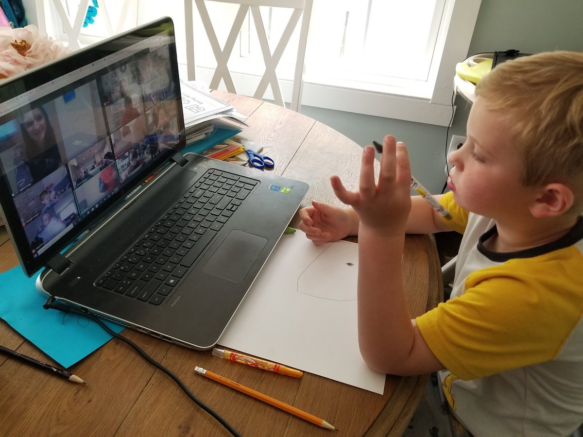 CStratuik's tweet photo. Directed drawing fun with Levi's class this morning! Not easy to keep 4 year-olds engaged on a Google Meet but this does the trick! @mshupp_prek #prekspringintolearning #beartavernpride https://t.co/50w9wdgzHM