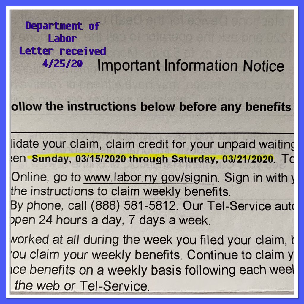 Hyegirl09's tweet photo. @Larry_Guerrera @NYSLabor I got the same letter from NYS DOL, but mine wants me to claim my waiting week of 3/15/20 - 3/21/20, which has past. I cannot get a live Rep. I keep on checking my e-mail for the @DocuSign to certify that week. I have no income. #PendingPurgatory😫 https://t.co/0nHVMdvRM6