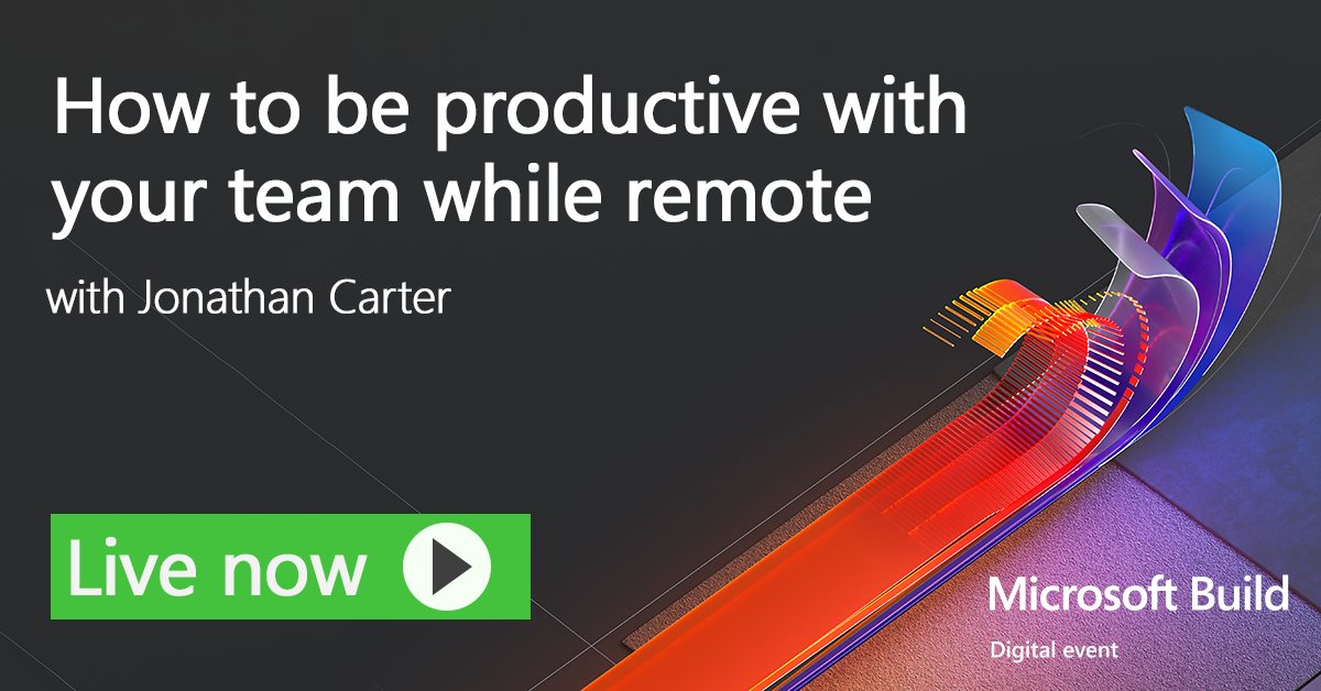code's tweet photo. 📺 NOW at #MSBuild: @LostInTangent’s session on how to be productive with your team while remote. Come learn about how #VSCode and #VSCodespaces enable devs to WFH effectively and collaborate 🎒 Tune in here for free and join the Q&A: https://t.co/4jVl1Vnwqp https://t.co/z9ZJe07UOq