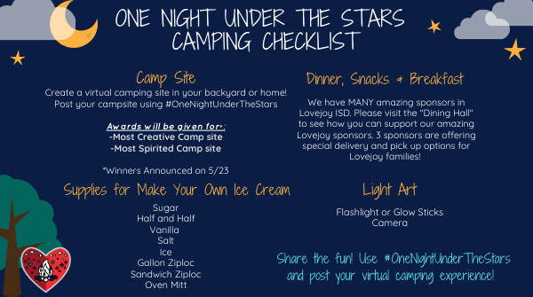 lovejoyisd1's tweet photo. We hope you are ready for a full day of FUN this Friday! We have 2 amazing events planned! Check out the information attached & take a few minutes to get your field day supplies/camping gear ready! We can't wait for a fun Friday with you! #LISDFieldDay #OneNightUnderTheStars https://t.co/T2sEOOHGgG