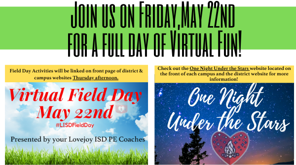 lovejoyisd1's tweet photo. We hope you are ready for a full day of FUN this Friday! We have 2 amazing events planned! Check out the information attached & take a few minutes to get your field day supplies/camping gear ready! We can't wait for a fun Friday with you! #LISDFieldDay #OneNightUnderTheStars https://t.co/T2sEOOHGgG