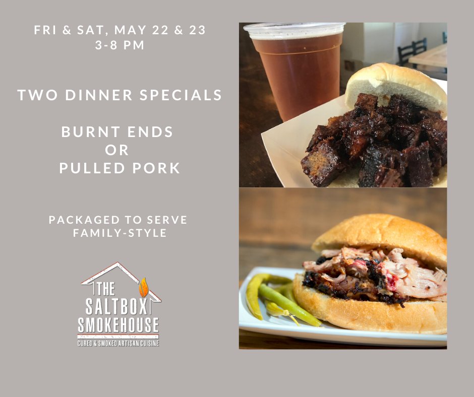 SaltboxS's tweet photo. Fri. &amp; Sat., May 22-23, we are offering Burnt Ends or Pulled Pork meals: packaged "family-style" and include rolls and choice of 2 sides: garden salad, cornbread, salt potatoes, coleslaw, or smoked beans &amp; bacon

Pre-order: 315-553-2663
6152 Barclay Rd Sodus
Curbside to-go
3-8 PM https://t.co/59Pk57QQEA