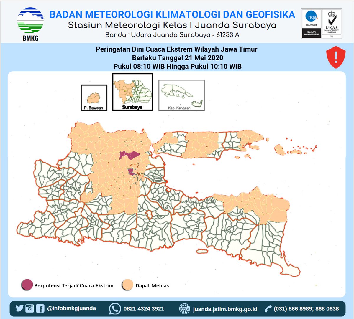 Peringatan Dini Cuaca Jawa Timur, 21 Mei 2020 Pukul 07.40 WIB 
<a href="/banyuwangi_kab/">Kabupaten Banyuwangi</a> <a href="/AzwarAnas_A3/">Abdullah Azwar Anas</a> <a href="/bpbd_jatim/">BPBD JATIM</a> <a href="/BNPB_Indonesia/">BNPB Indonesia</a>
Sumber Informasi : Stasiun Meteorologi Kelas I Juanda Surabaya