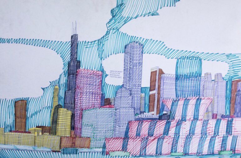 JoshLipnik's tweet photo. Drawings of Chicago by outsider artist and musician Wesley Willis (1963-2003), best known for his song “Rock &amp; Roll McDonald’s” https://t.co/dHIUZLDOaD