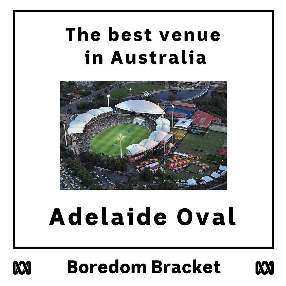 abcsport's tweet photo. ๐๏ธ As voted by you Grandstanders!
We have our first Grand Finalists in Boredom Bracket number 3.
๐ฆ๐บ The Adelaide Oval has come out on top, beating the MCG in the Aussie conference final!
#BoredomBracket https://t.co/i8ENumH1ff