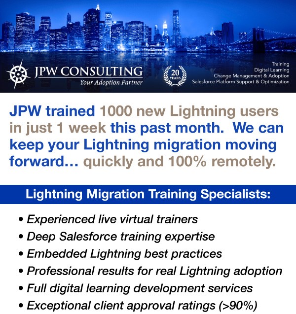 jpwconsult's tweet image. JPW has been an enterprise leader in remote training development and delivery for over 20 years.  Find out why we are the preferred @Salesforce training vendor for dozens of Fortune 500 clients.  #remotetraining #lightningmigration