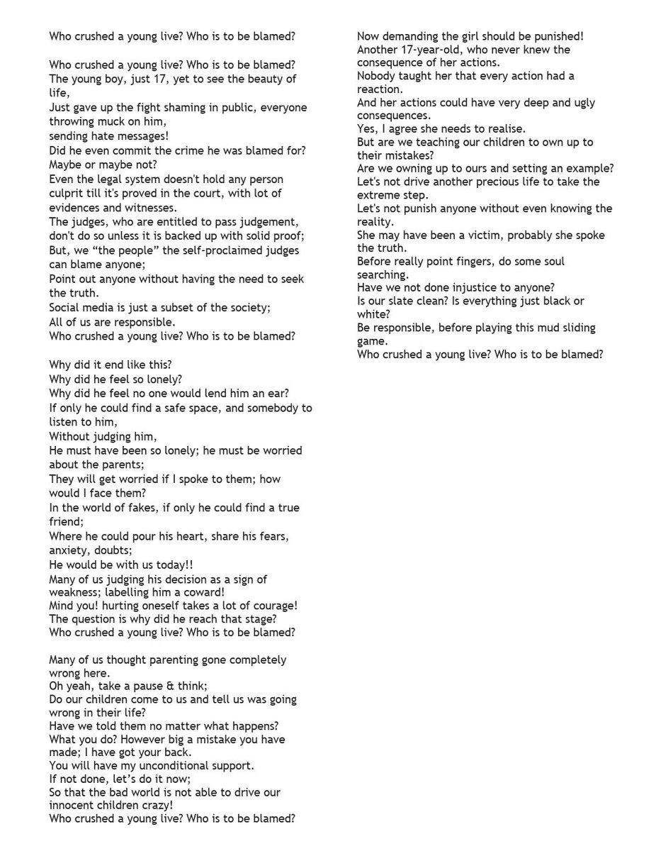 poojalistens's tweet image. Who crushed a young life? Who is to be blamed? 
#RIPManavSingh #StopPublicShaming #publicshaming
#disappointed #Soulseaching 
#lifeisprecious #stopcyberbully 
#sucideawareness #seekhelp