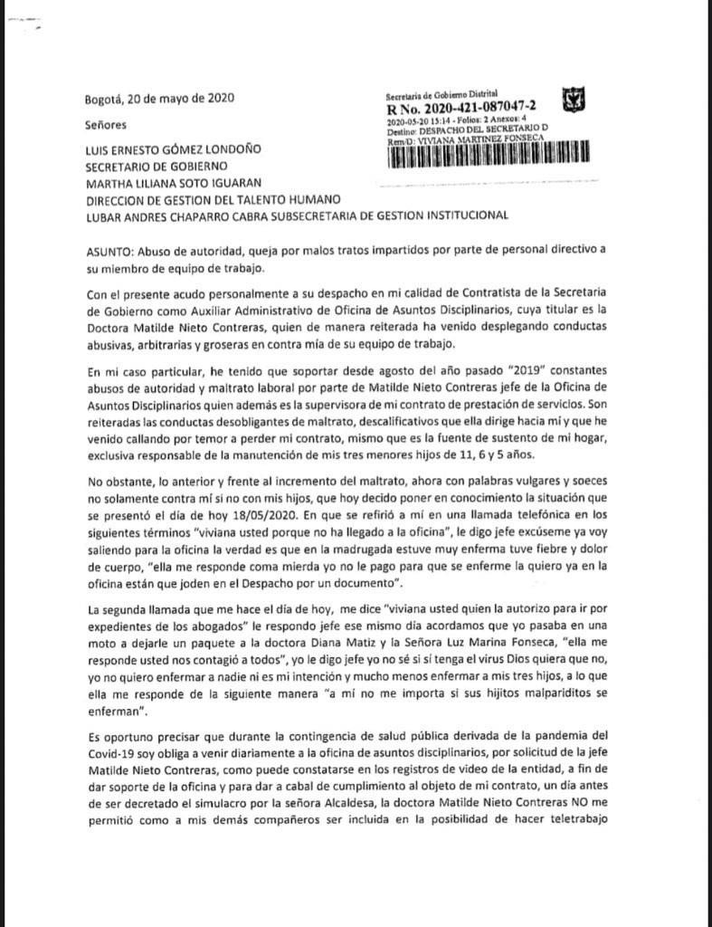 LuiPortela's tweet photo. Es lamentable que en la Alcaldía de Bogotá se estén presentando hechos de maltrato laboral a los contratistas por parte de funcionarios. Les cuento, esto es lo que ocurre en la Sec. de Gobierno. Por favor entes de control hacer seguimiento y @ConcejoDeBogota #NoMaltratoLaboral https://t.co/hE8dkNBHr8