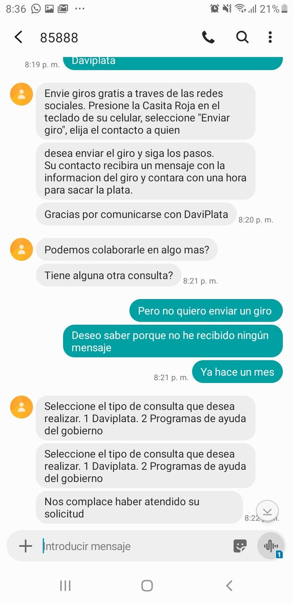 henuga's tweet photo. @DaviPlata no atiende inquietudes por #BogotáSolidaria. En la línea, cuelgan luego de recibir la inquietud y por SMS responden incoherencias @ClaudiaLopez 

Hace un mes se recibe llamada indicando ser beneficiario e indican que llegaría un SMS para reclamar el giro, pero aún nada https://t.co/9DsFCkhXud