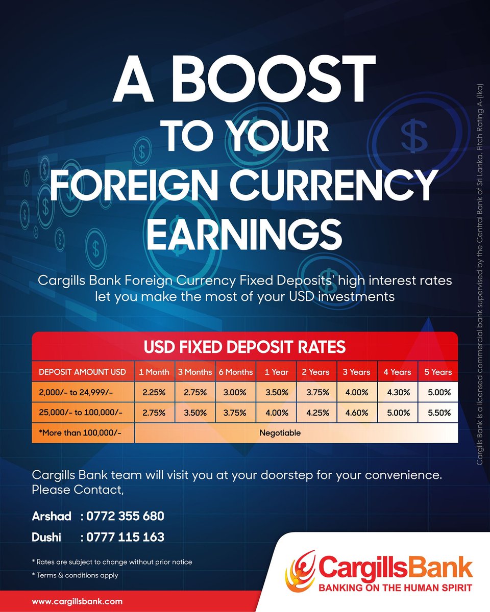CargillsBank's tweet photo. A Boost to Your Foreign Currency Earnings!

For more information

Arshad - 0772 355 680
Dushi - 0777 115 163 https://t.co/QcozpkvYwD