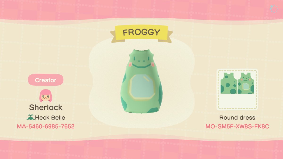 sh3rlock_avery's tweet photo. I don't always design clothes in #AnimalCrossing but I am pretty proud of this Froggy Dress #ACNH #NintendoSwitch #FrogChair https://t.co/LebFUQTC77