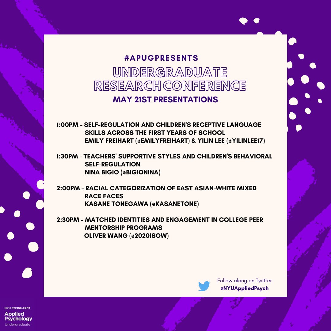 NYUAppliedPsych's tweet photo. #APUGPresents Day Two of the annual APUG Research Conference! Follow along at 1:00 PM EST to connect with our second group of presenters about their work #UndergraduateResearch #NYUAppliedPsychology https://t.co/6XcdrGFEOF