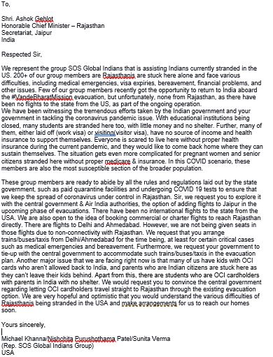 michaelkhanna's tweet photo. 200+ Rajasthan residents stranded in US urgently need your help Sh.@ashokgehlot51 @RajCMO as no evac. flights available to them since no Rajasthan airports are in the schedule currently. We've emailed attached plea letter for your consideration &amp; support🙏@DrSJaishankar @MEAIndia https://t.co/TTYRFIwyrS