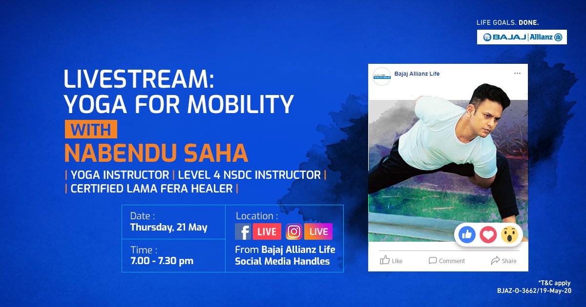 bajajlife_in's tweet photo. In our next #LIVE session, “#Yoga for mobility” with Nabendu Saha, we explore yoga postures that specifically target muscle groups involved in your mobility.
Join our live session on #FB and #Insta pages today at 7.00 pm.

Jab Soch pe no #lockdown, toh #LifeGoals pe no lockdown. https://t.co/MKwBW1ygDq