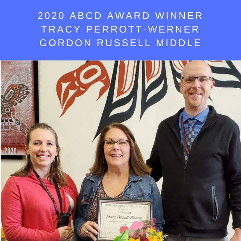 Congratulations to Tracy Perrott-Werner from <a href="/GRMSTBirds/">Gordon Russell MS</a> for earning the ABCD (Above and Beyond the Call of Duty) Award. This award recognizes classified staff members who are dedicated, inspiring, and go the extra mile for our students. We appreciate you, Ms. P.W.!