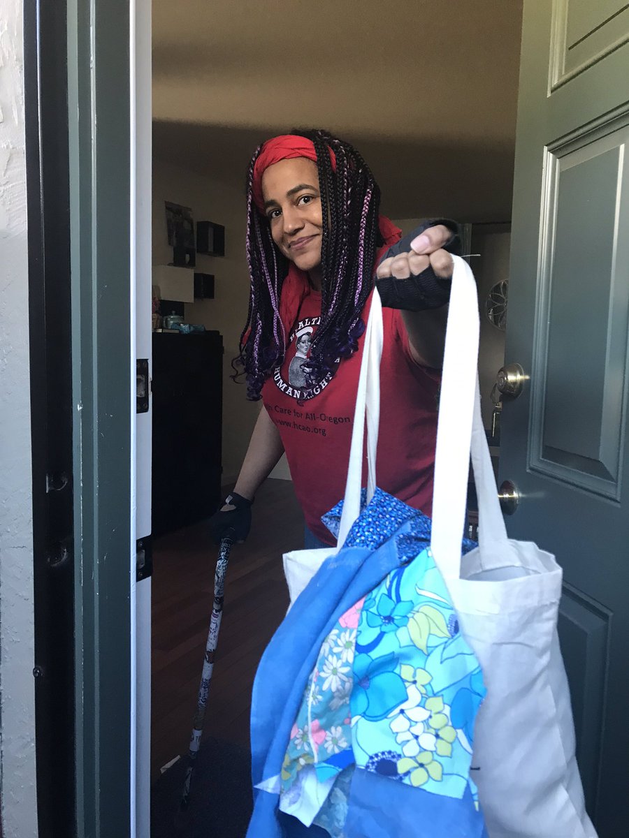 We can’t see our quilts so we gave this donated fabric to an artist sewing masks.  We’re all in this together and the Justice Quilt is in the action.