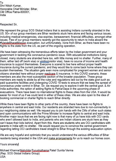 michaelkhanna's tweet photo. 50+ Bihar residents stranded in US urgently need your help Sh.@NitishKumar @CM4Bihar as no evac. flights available to them since no Bihar airports are in the schedule currently. We've emailed attached plea letter for your consideration &amp; support🙏@DrSJaishankar @MEAIndia https://t.co/01uZO6t7da