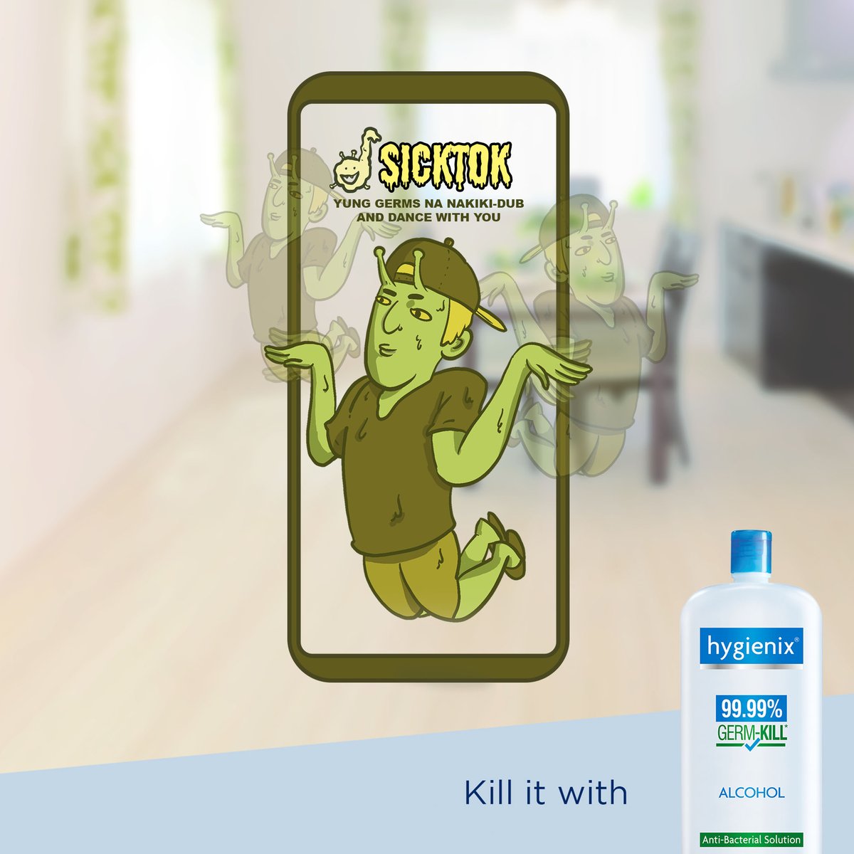 Wag mong hayaang maki-sing and dance with you ang germs na ito! Make sure you are always sanitized with HYGIENIX GERM-KILL ALCOHOL to help with our ﬁght against world germination.  With 99.99% germ-kill protection, you are safe against these germs.  #FightWorldGermination