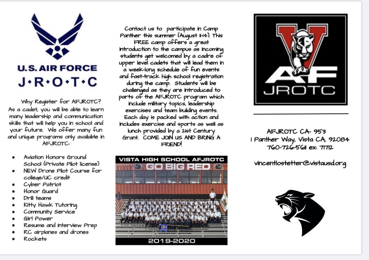BessmaGarmo's tweet photo. Attention incoming 9th graders: the #JROTC program @VHSPanthers is a distinguished unit that involves leadership, team building, college and career preparation, mental and physical wellness and community service. Email your @VHS_Counselors to sign up 🐾 https://t.co/r6oPV0TfvD